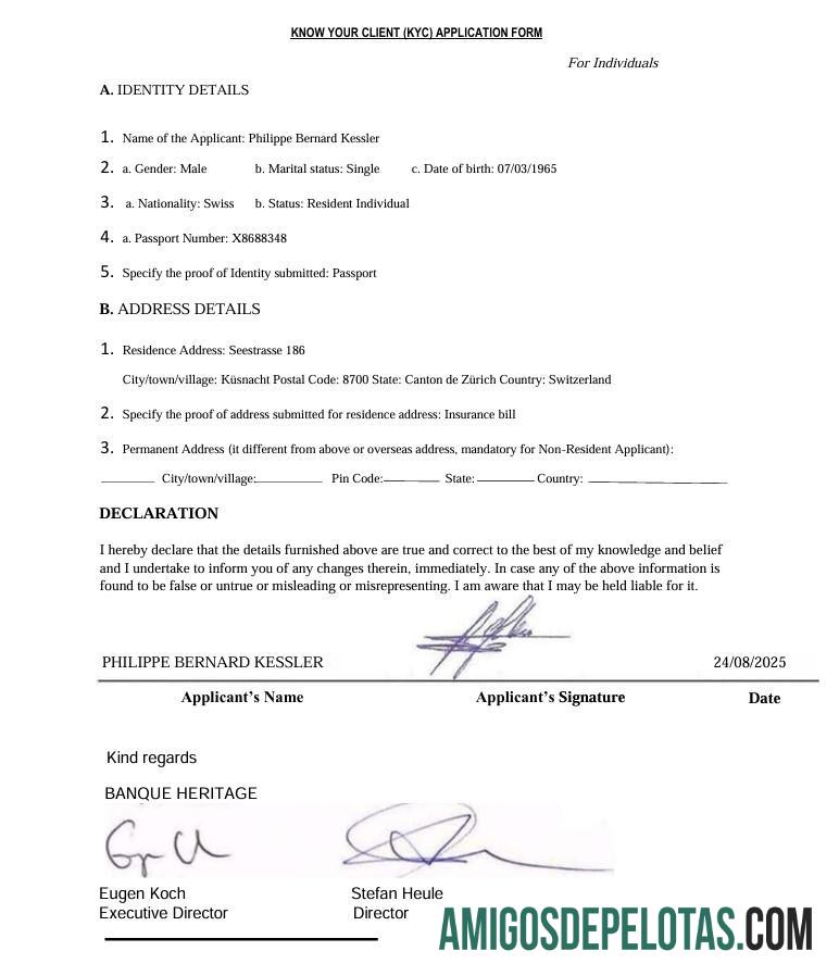 Formulário de inscrição do Swiss Banque Heritage Know Your Client (KYC) exemplo